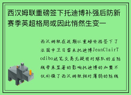 西汉姆联重磅签下托迪博补强后防新赛季英超格局或因此悄然生变一